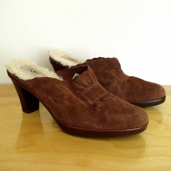 UGG Womens Mules Brown Suede Leather & Wool Shearling Lined Clog Sz 8 - Picture 1 of 7